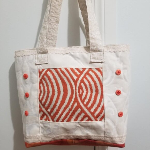 Fabric Shoulder Tote Bag Market Bag Handbag Purse Handmade Orange Cream Quilted - Picture 1 of 4